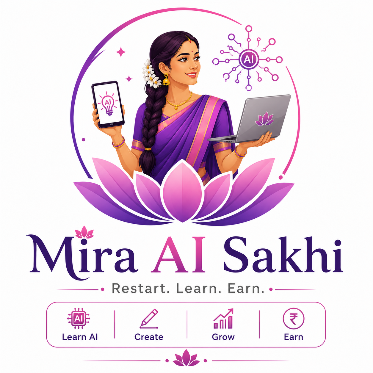 Mira AI Sakhi official logo — Restart. Learn. Earn.